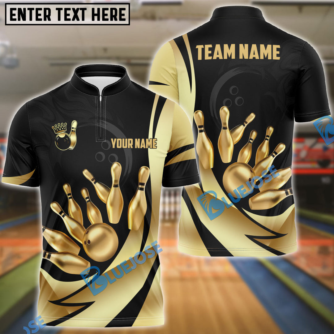 BlueJose Bowling Ball & Pins Royal Gold Strike Customized Name, Team Name 3D Shirt (4 Colors)