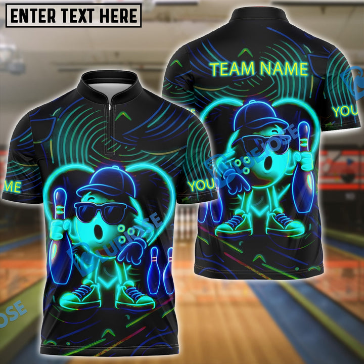BlueJose Bowling Ball & Pins Neon Funny Customized Name, Team Name 3D Shirt (4 Colors)