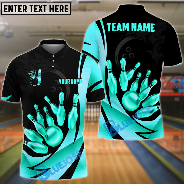 BlueJose Bowling Ball & Pins Royal Gold Strike Customized Name, Team Name 3D Shirt (4 Colors)