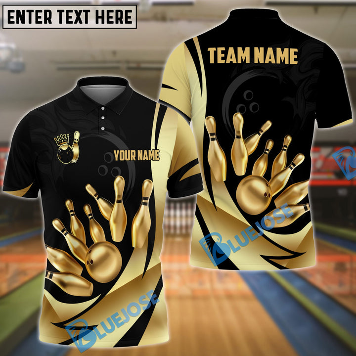 BlueJose Bowling Ball & Pins Royal Gold Strike Customized Name, Team Name 3D Shirt (4 Colors)