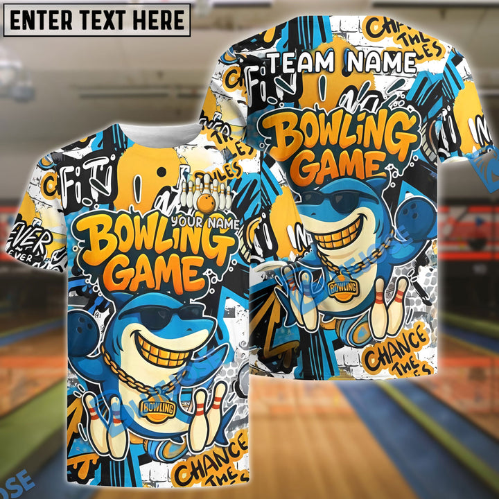 BlueJose Bowling Funny Shark Graffiti Style Customized Name, Team Name 3D Shirt (4 Colors)