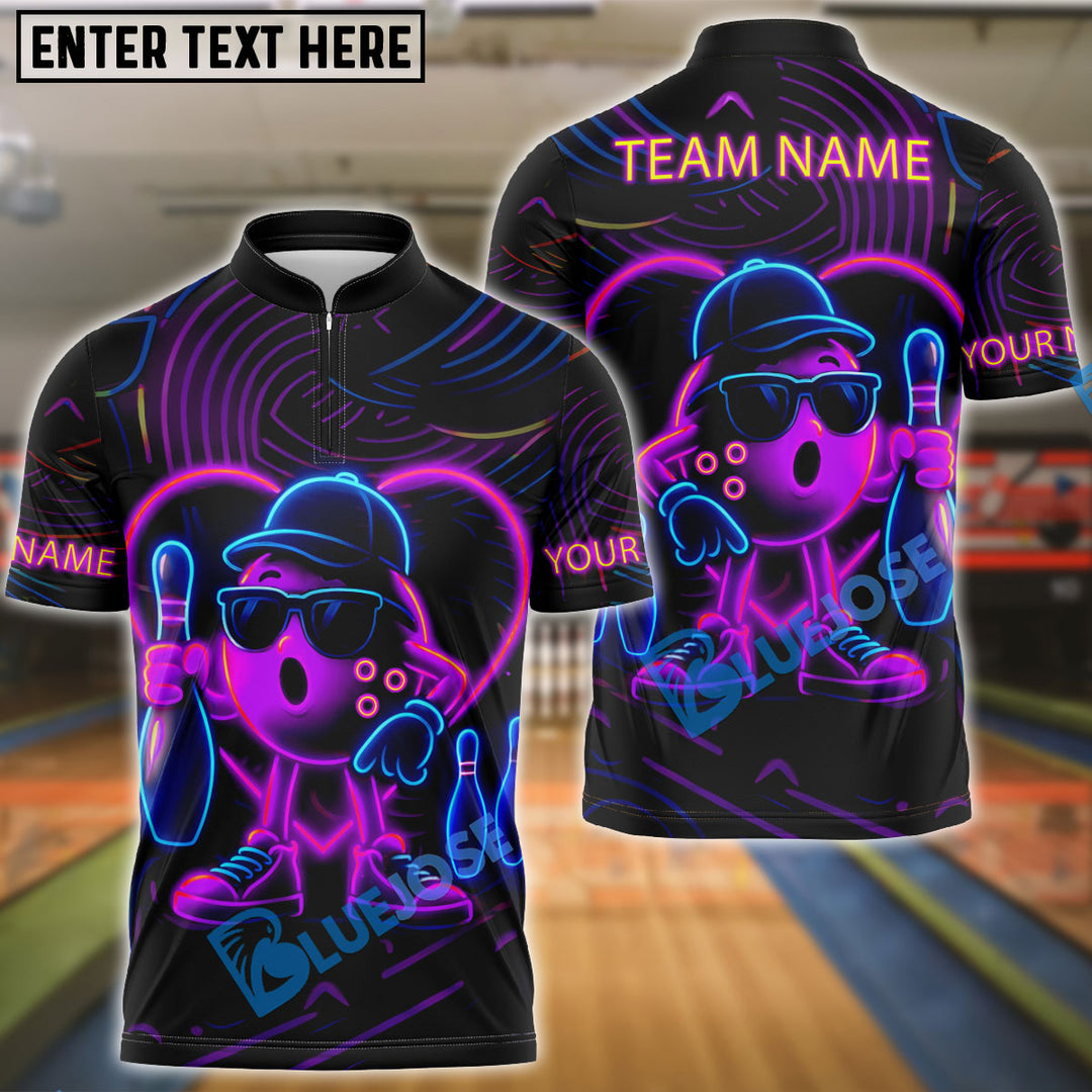 BlueJose Bowling Ball & Pins Neon Funny Customized Name, Team Name 3D Shirt (4 Colors)