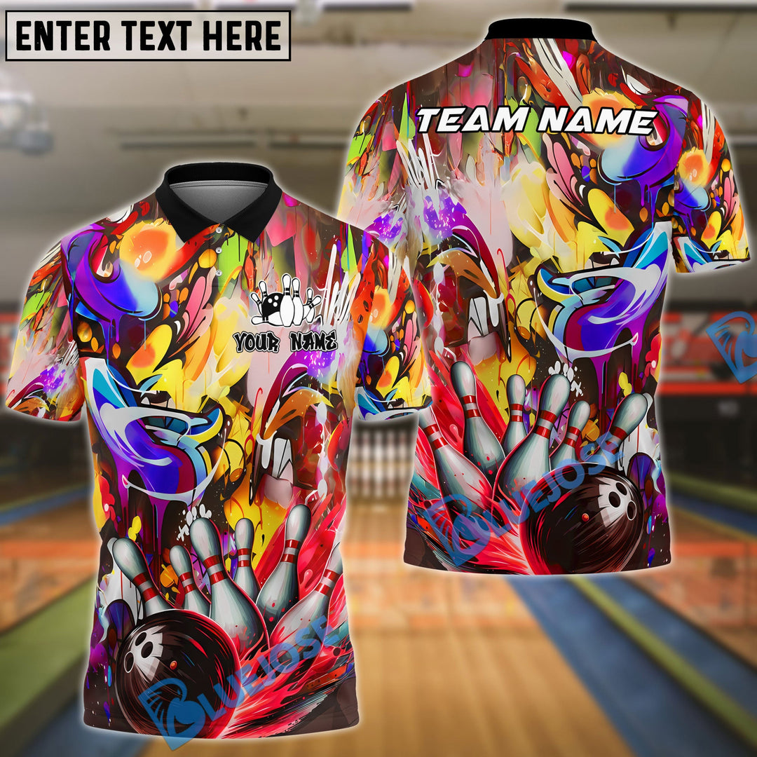 BlueJose Bowling Ball & Pins Strike Explosion Graffiti Style Customized Name, Team Name 3D Shirt (4 Colors)