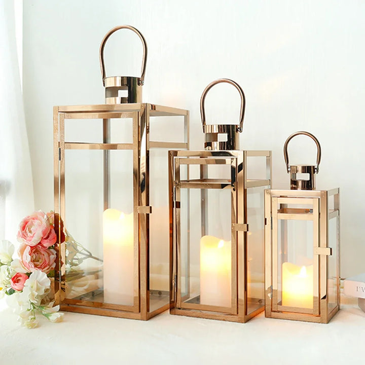 Set of 3 Rose Gold Stainless Steel Candle Lanterns – 19" Tall Decorative Candle Holders with Glass Panels for Indoor & Outdoor Use