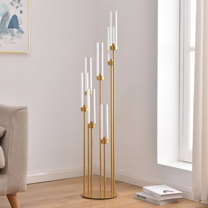 4 Sets – 7 Arm Gold Floor Candelabra (48″ Tall) with Acrylic Lampshades – Wedding & Event Metal Candle Holder Centerpieces