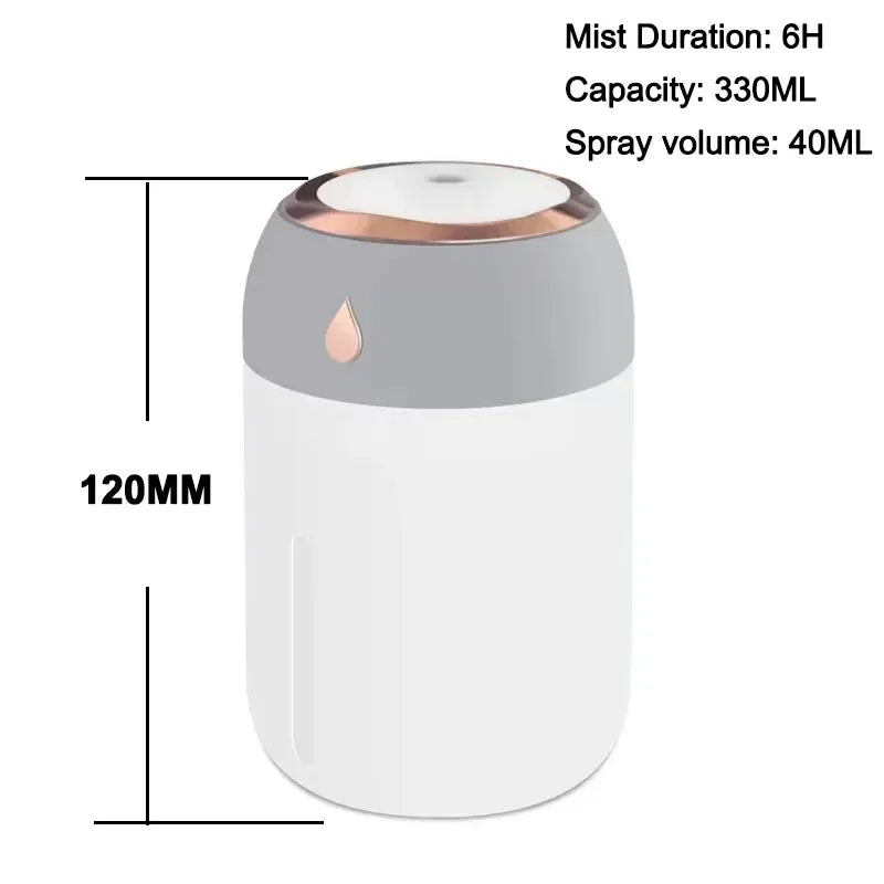 Mini USB Air Humidifier & Aroma Diffuser (330ml) – LED Cool Mist for Home, Car & Plants