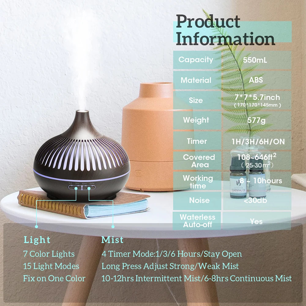 500ml Wood Grain Aromatherapy Diffuser with Remote & 7-Color LED Light