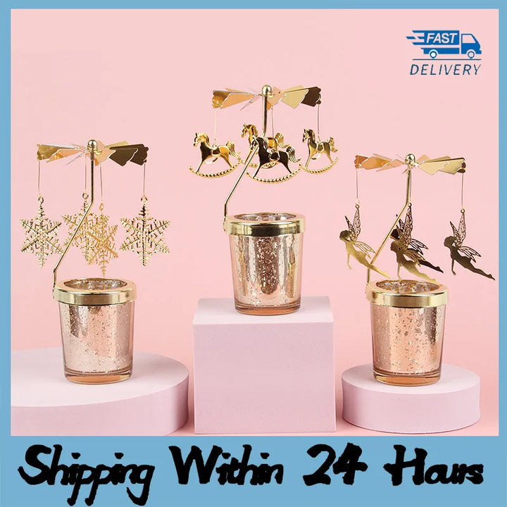 Rotating Snowflake & Deer Candle Holder – Romantic Metal Candlestick for Weddings & Christmas Décor