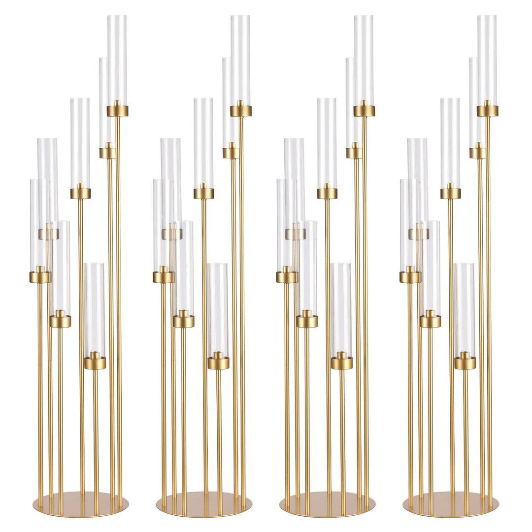 4 Sets – 7 Arm Gold Floor Candelabra (48″ Tall) with Acrylic Lampshades – Wedding & Event Metal Candle Holder Centerpieces