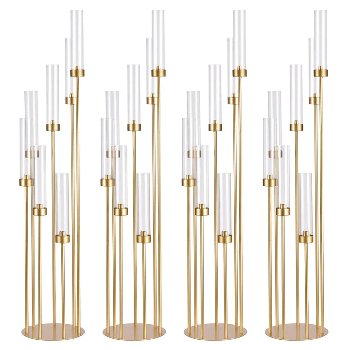 4 Sets – 7 Arm Gold Floor Candelabra (48″ Tall) with Acrylic Lampshades – Wedding & Event Metal Candle Holder Centerpieces