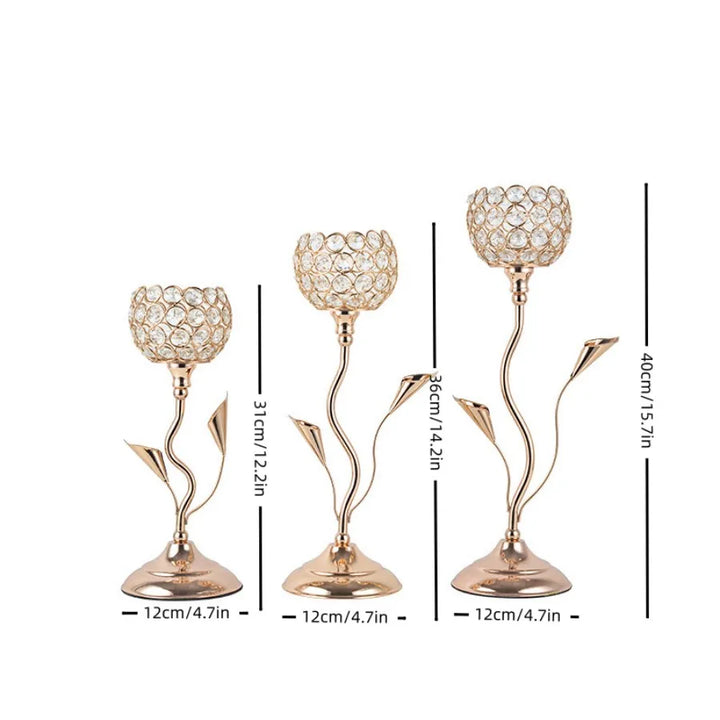 Gold Crystal Flower Candle Holder Set – Vintage Iron Candlestick for Table Centerpiece & Wedding Décor