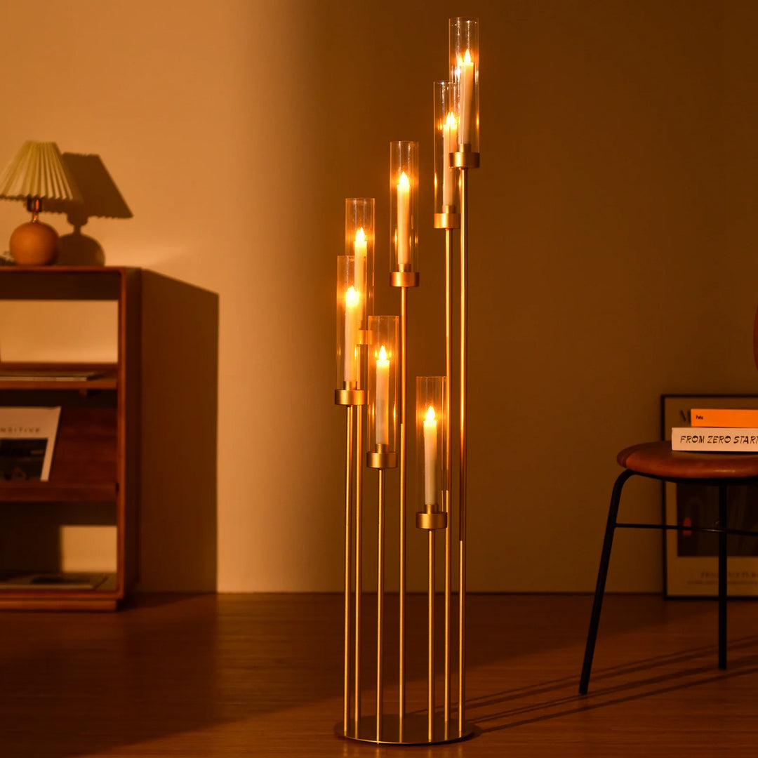 4 Sets – 7 Arm Gold Floor Candelabra (48″ Tall) with Acrylic Lampshades – Wedding & Event Metal Candle Holder Centerpieces