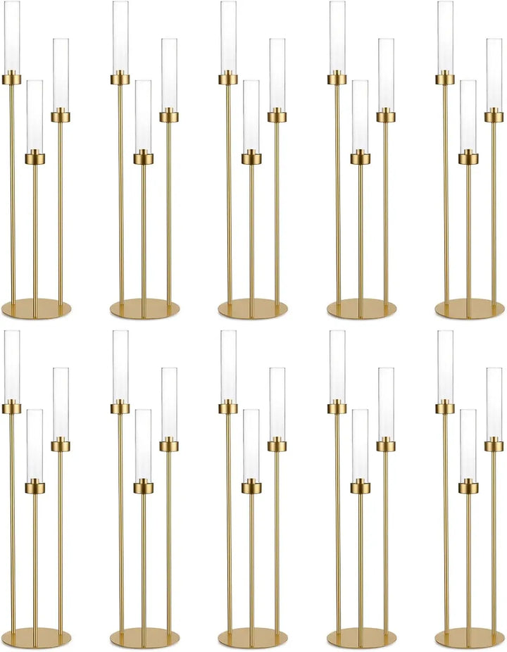 10PCS 3-Arm Gold Metal Candelabra – 34" Tall Wedding Centerpiece Taper Candle Holders for Elegant Event & Home Décor
