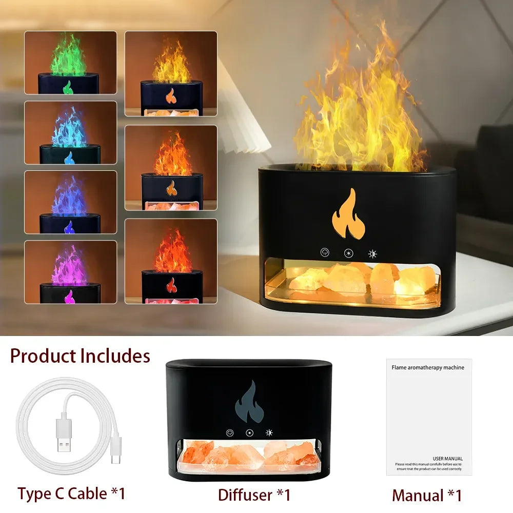 Fireplace Crystal Salt Lamp Humidifier with Flame Light & Aroma Diffuser