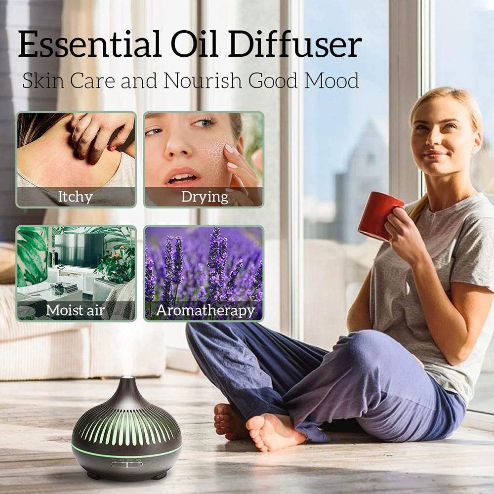 500ml Wood Grain Aromatherapy Diffuser with Remote & 7-Color LED Light