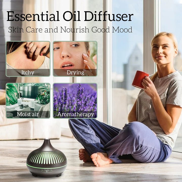 500ml Wood Grain Aromatherapy Diffuser with Remote & 7-Color LED Light