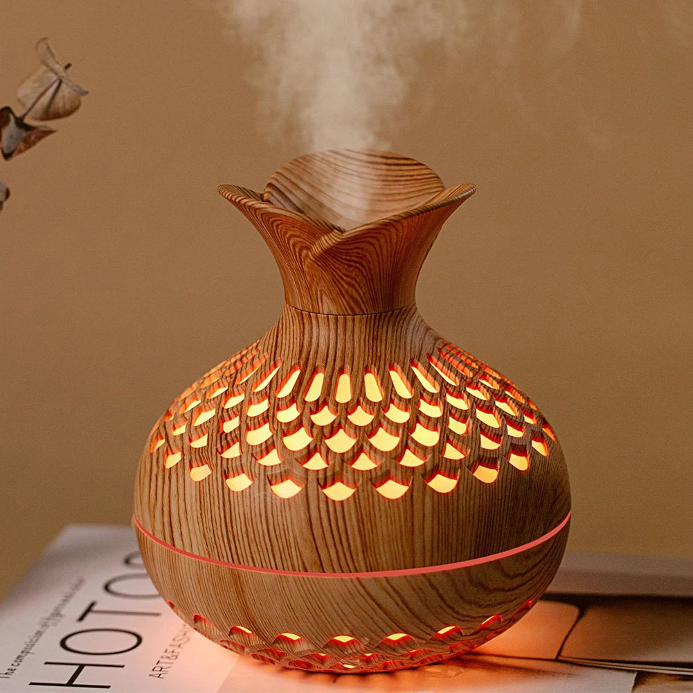 300ml Wood Grain Flower Humidifier & Essential Oil Diffuser with Colorful Night Light