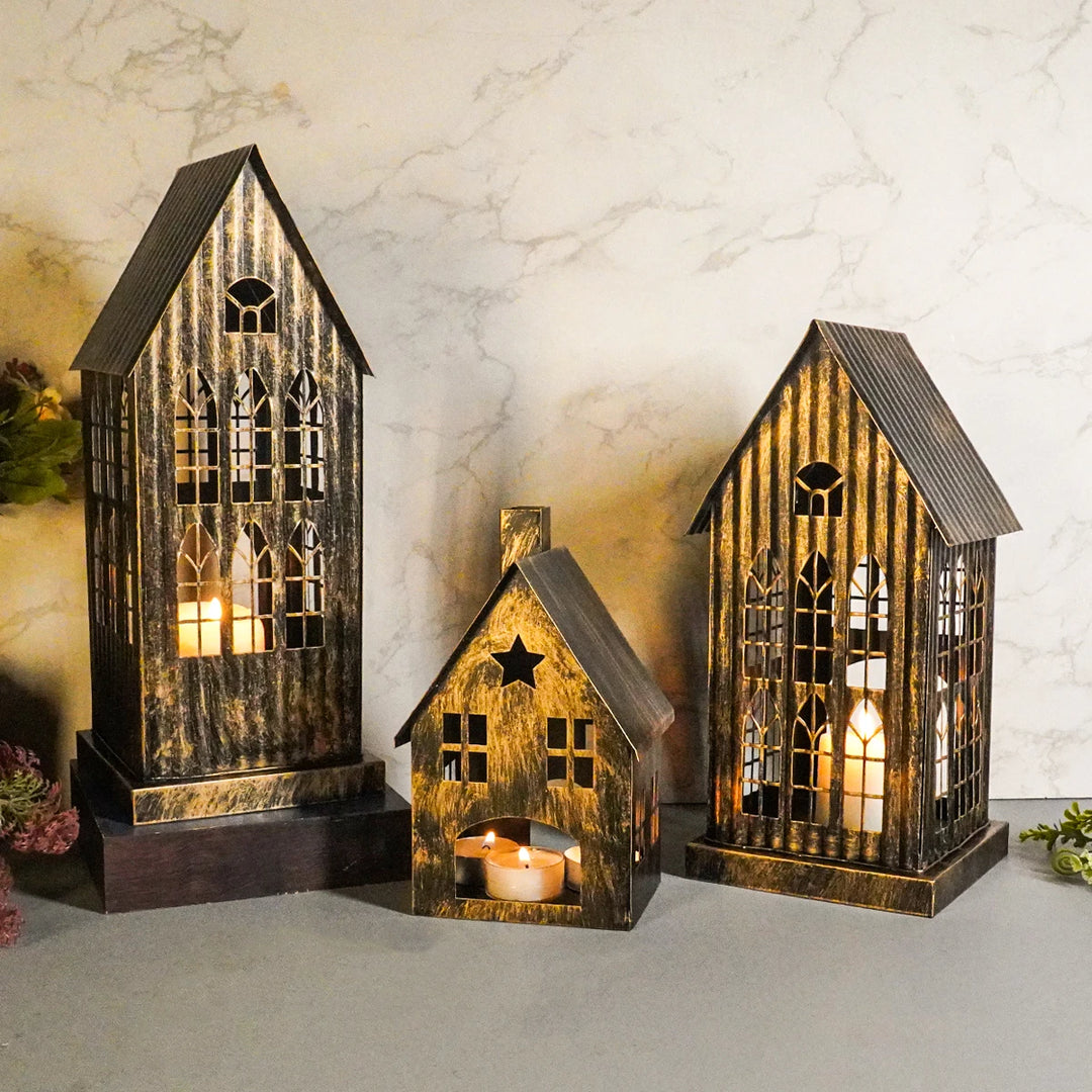 Metal House Candle Holder – Nordic Style Desktop & Patio Lantern for Christmas or Home Décor