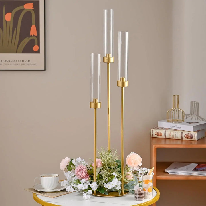 10PCS 3-Arm Gold Metal Candelabra – 34" Tall Wedding Centerpiece Taper Candle Holders for Elegant Event & Home Décor