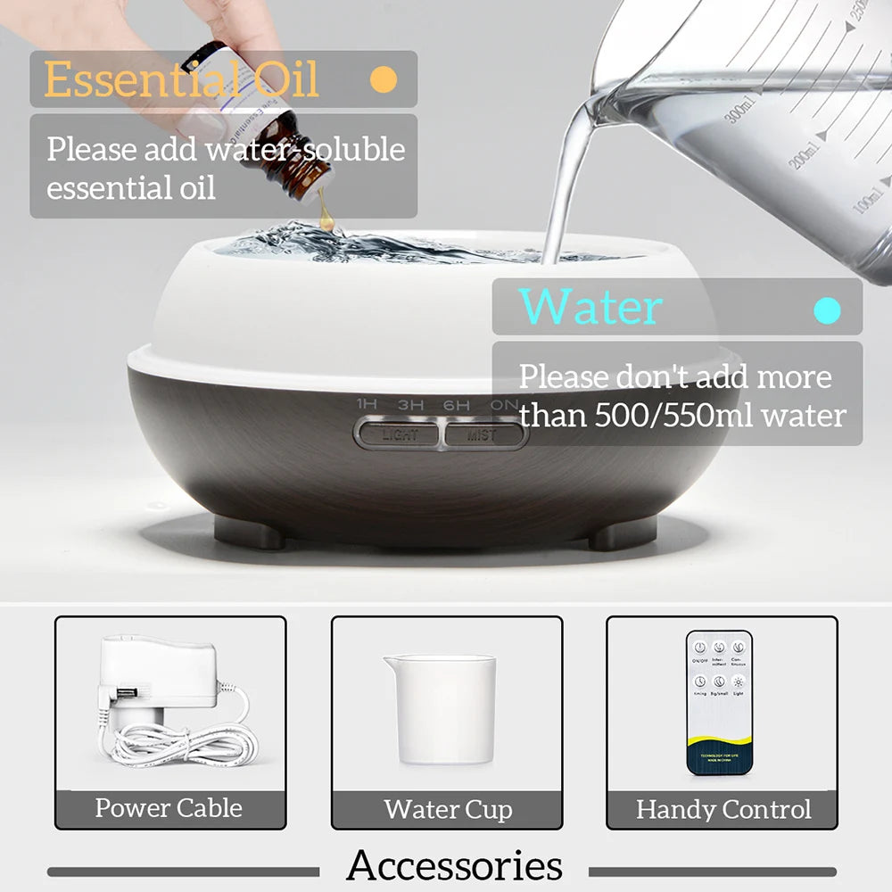 500ml Wood Grain Aromatherapy Diffuser with Remote & 7-Color LED Light