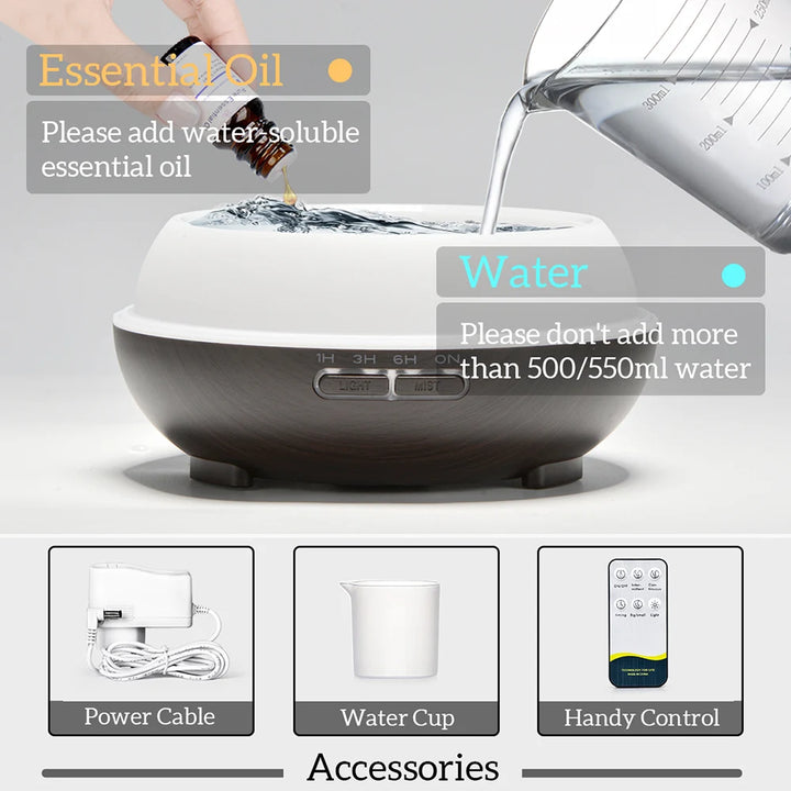 500ml Wood Grain Aromatherapy Diffuser with Remote & 7-Color LED Light