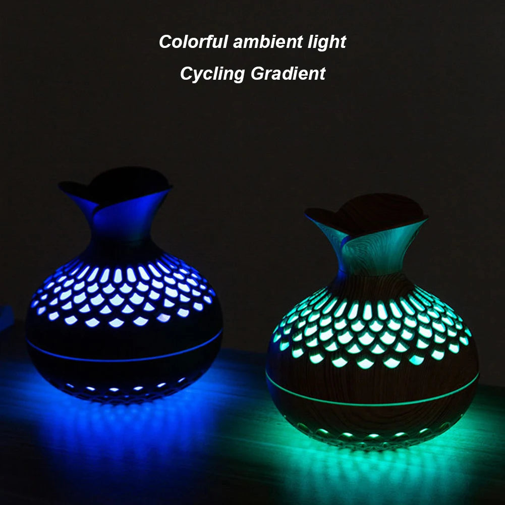 300ml Wood Grain Flower Humidifier & Essential Oil Diffuser with Colorful Night Light