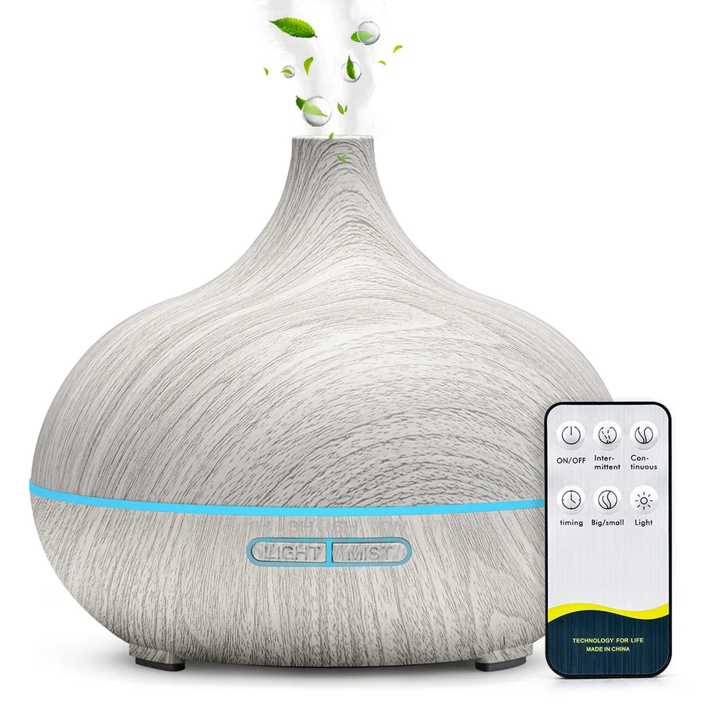 500ml Wood Grain Aromatherapy Diffuser with Remote & 7-Color LED Light