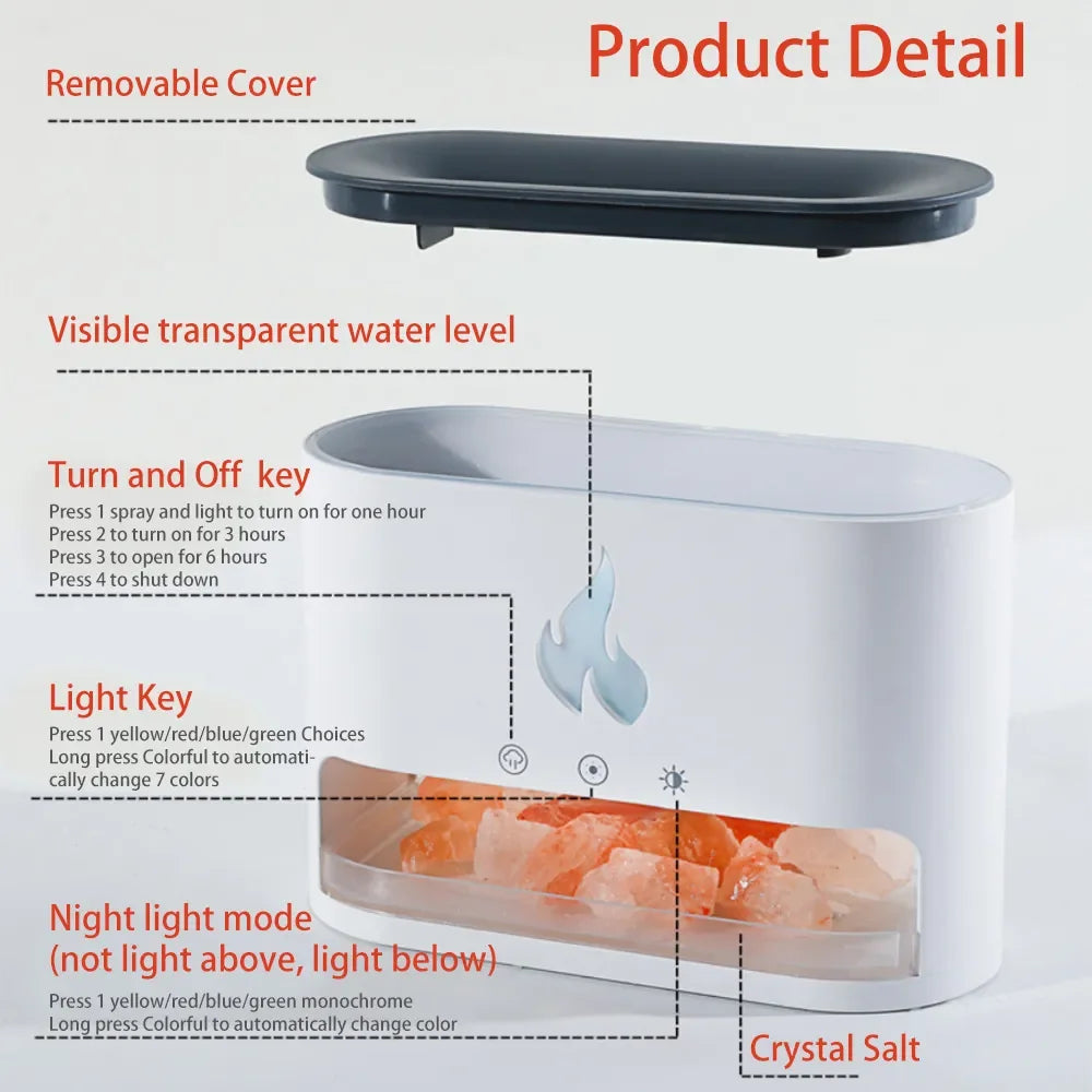 Fireplace Crystal Salt Lamp Humidifier with Flame Light & Aroma Diffuser