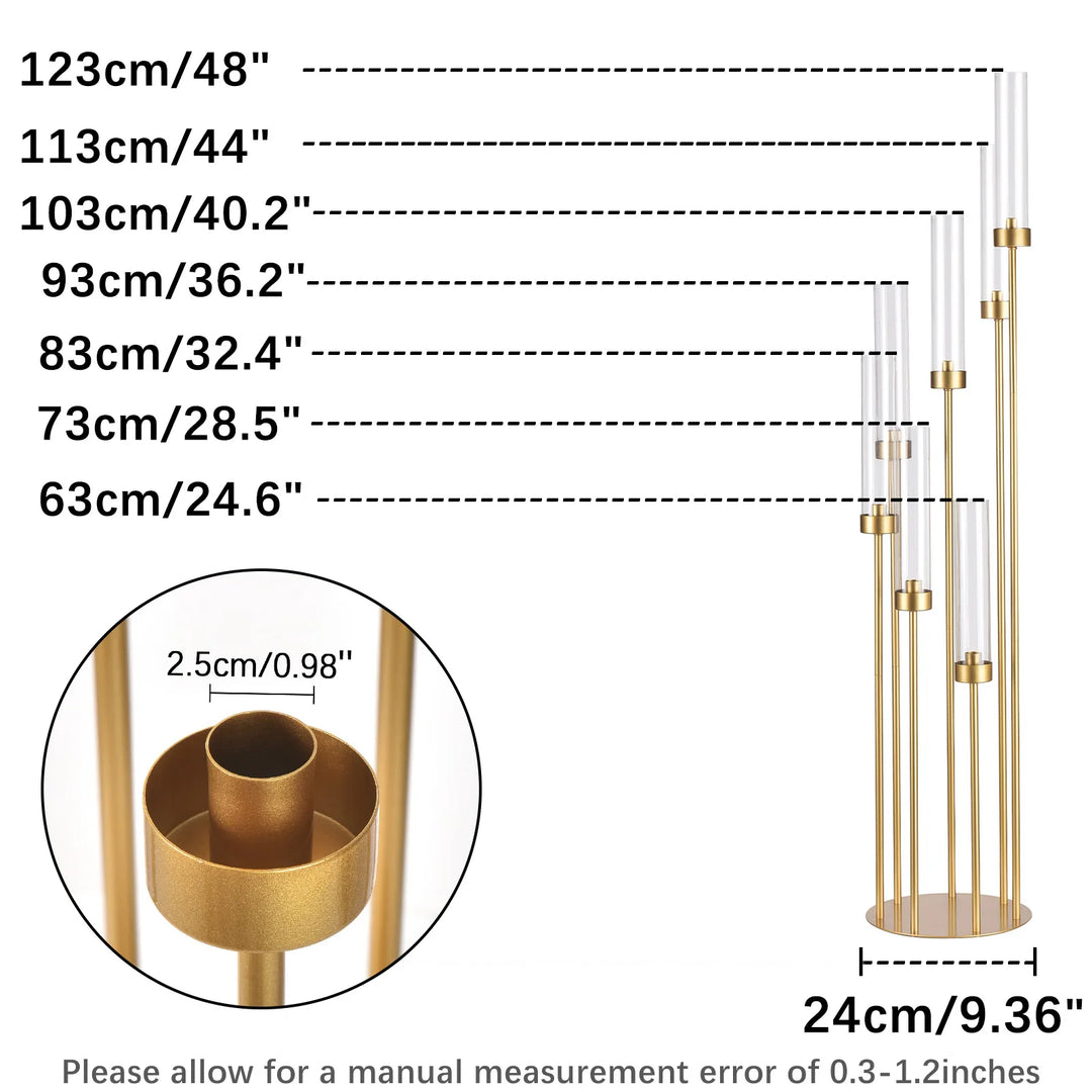 4 Sets – 7 Arm Gold Floor Candelabra (48″ Tall) with Acrylic Lampshades – Wedding & Event Metal Candle Holder Centerpieces