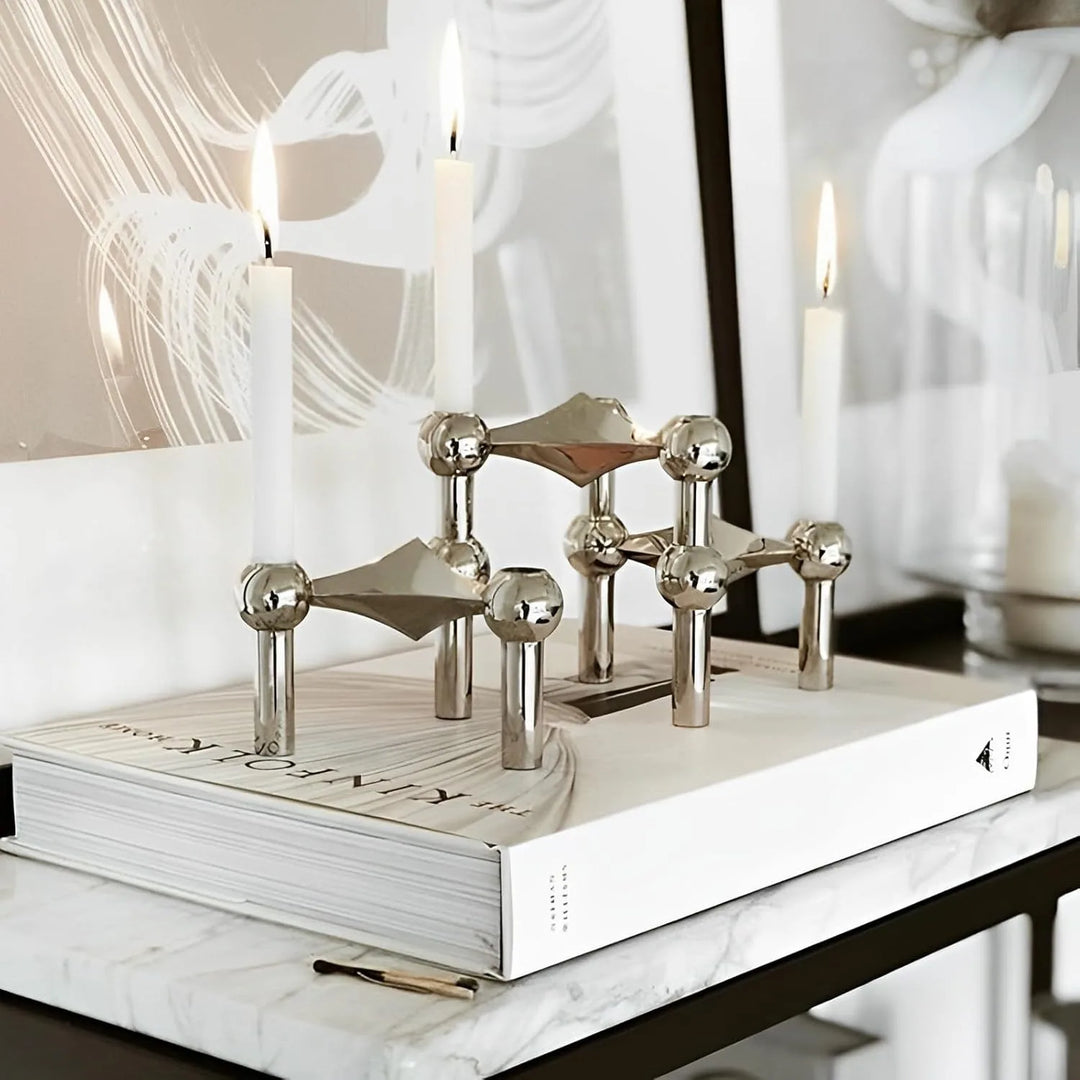 Luxury Nordic Molecular Candlestick Holder – 10cm Stainless Steel Candle Stand (Chrome / Gold / Black)