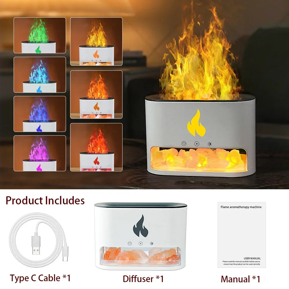 Fireplace Crystal Salt Lamp Humidifier with Flame Light & Aroma Diffuser