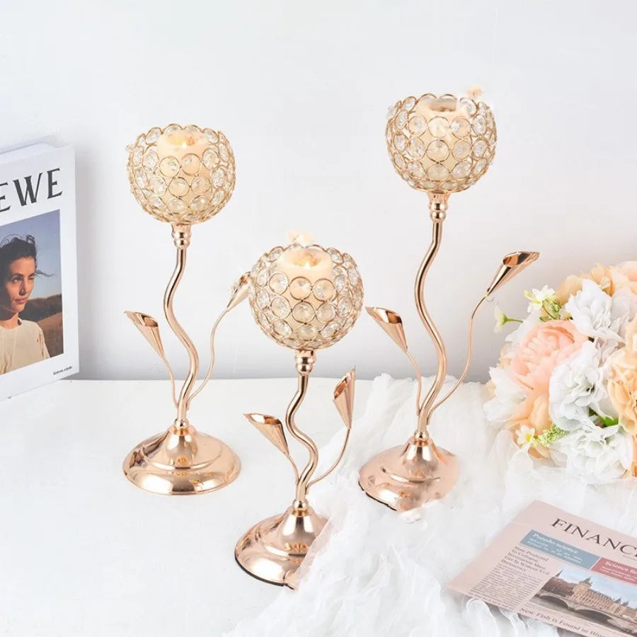 Gold Crystal Flower Candle Holder Set – Vintage Iron Candlestick for Table Centerpiece & Wedding Décor