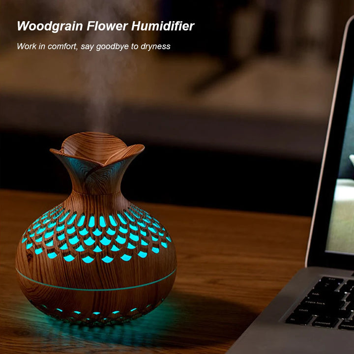 300ml Wood Grain Flower Humidifier & Essential Oil Diffuser with Colorful Night Light