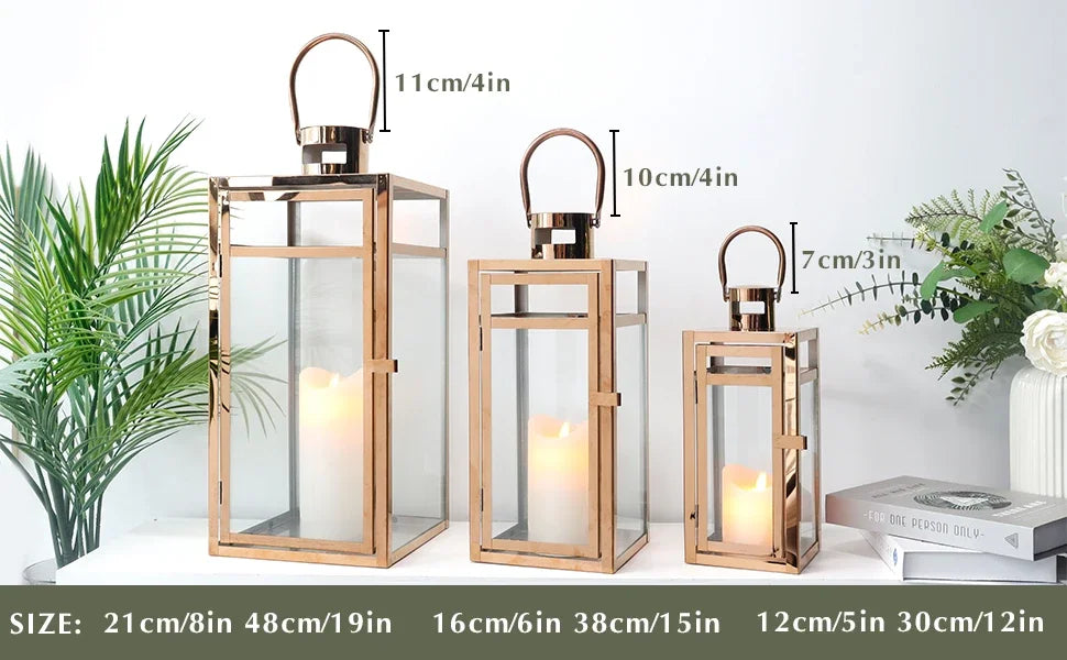 Set of 3 Rose Gold Stainless Steel Candle Lanterns – 19" Tall Decorative Candle Holders with Glass Panels for Indoor & Outdoor Use