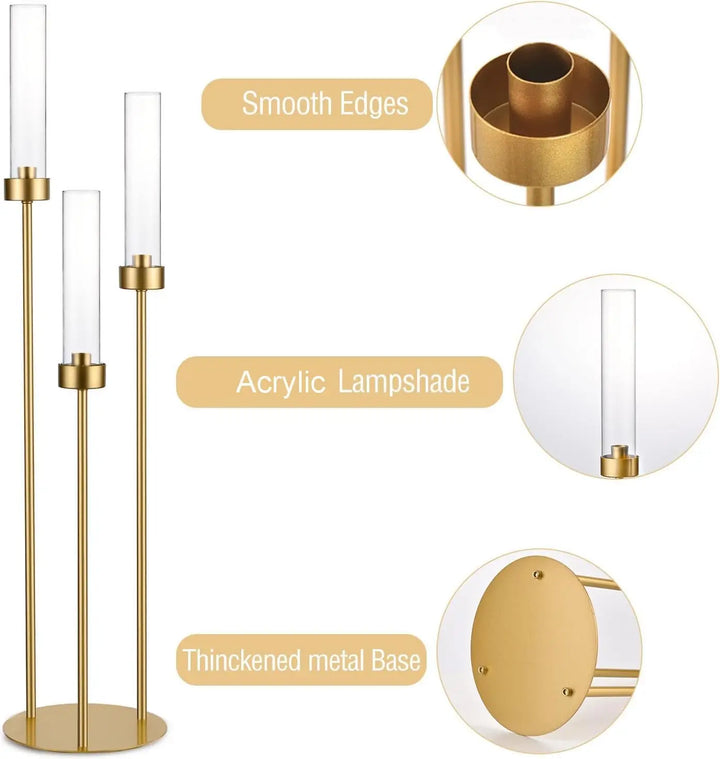 10PCS 3-Arm Gold Metal Candelabra – 34" Tall Wedding Centerpiece Taper Candle Holders for Elegant Event & Home Décor