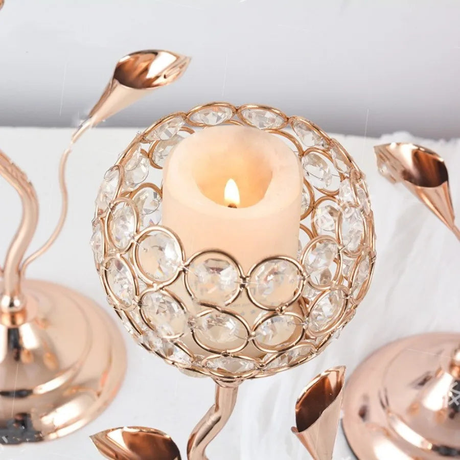 Gold Crystal Flower Candle Holder Set – Vintage Iron Candlestick for Table Centerpiece & Wedding Décor