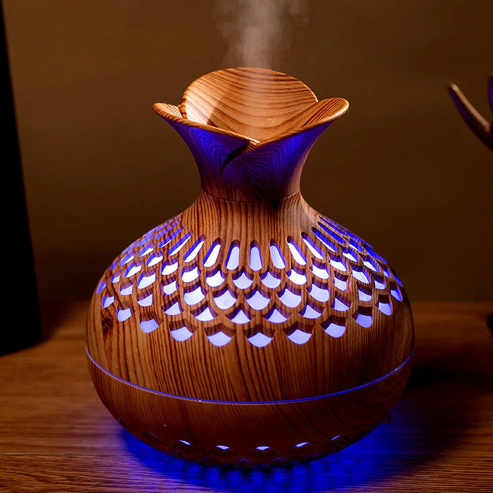 300ml Wood Grain Flower Humidifier & Essential Oil Diffuser with Colorful Night Light