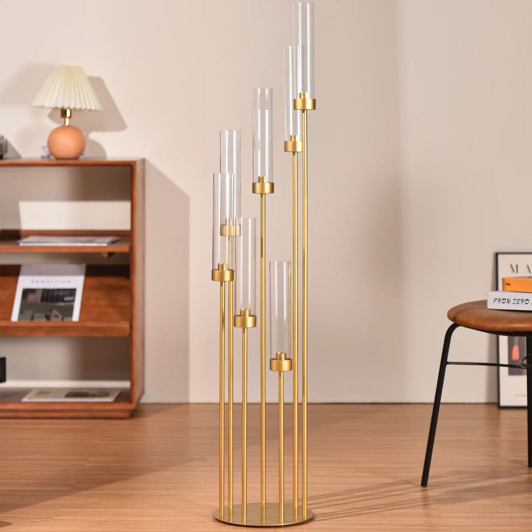 4 Sets – 7 Arm Gold Floor Candelabra (48″ Tall) with Acrylic Lampshades – Wedding & Event Metal Candle Holder Centerpieces