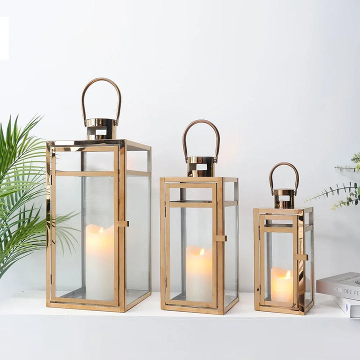Set of 3 Rose Gold Stainless Steel Candle Lanterns – 19" Tall Decorative Candle Holders with Glass Panels for Indoor & Outdoor Use