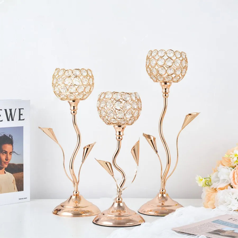 Gold Crystal Flower Candle Holder Set – Vintage Iron Candlestick for Table Centerpiece & Wedding Décor
