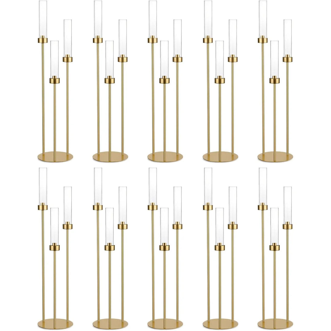 10PCS 3-Arm Gold Metal Candelabra – 34" Tall Wedding Centerpiece Taper Candle Holders for Elegant Event & Home Décor
