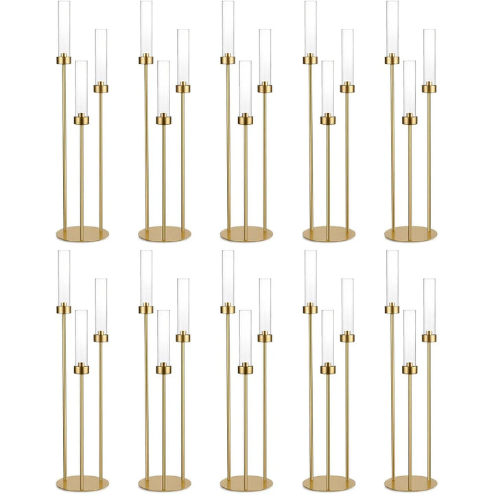 10PCS 3-Arm Gold Metal Candelabra – 34" Tall Wedding Centerpiece Taper Candle Holders for Elegant Event & Home Décor