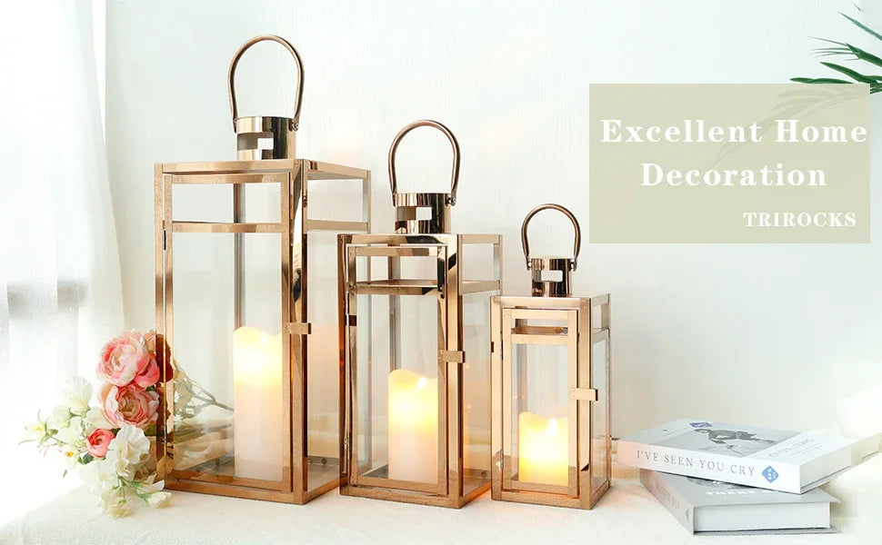 Set of 3 Rose Gold Stainless Steel Candle Lanterns – 19" Tall Decorative Candle Holders with Glass Panels for Indoor & Outdoor Use