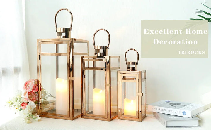 Set of 3 Rose Gold Stainless Steel Candle Lanterns – 19" Tall Decorative Candle Holders with Glass Panels for Indoor & Outdoor Use
