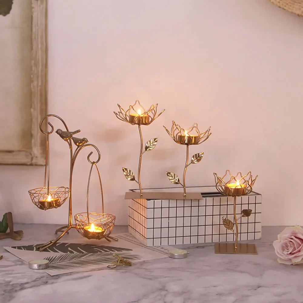 Wrought Iron Golden Bird Candle Holder – Nordic Geometric Design for Home & Wedding Décor