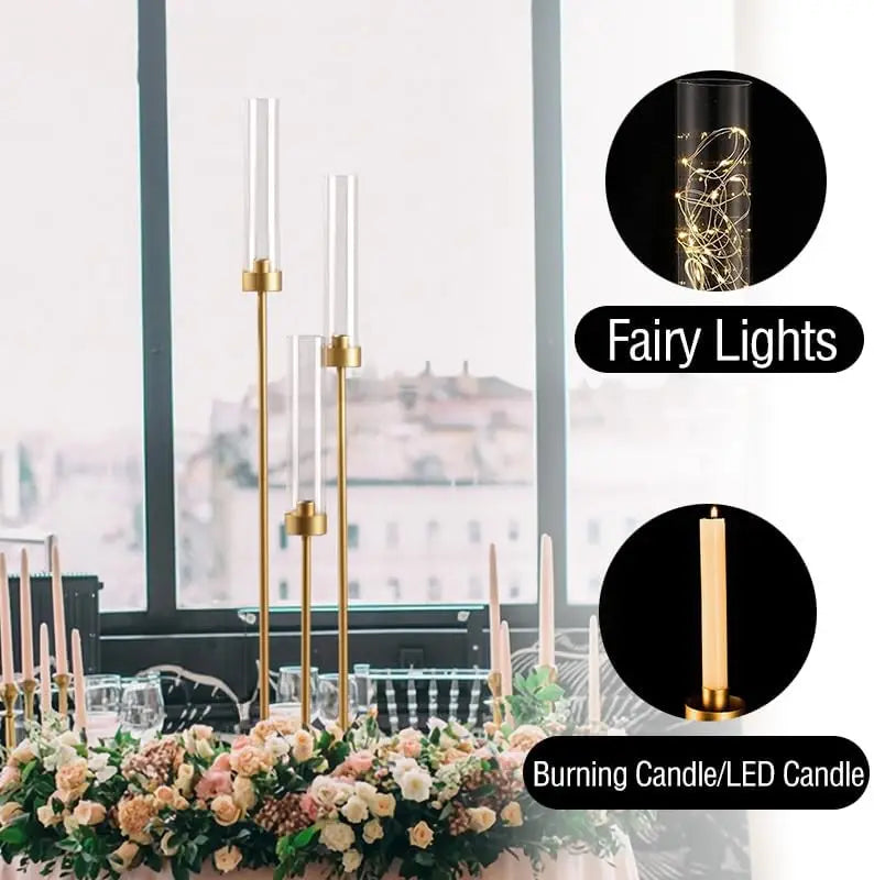 10PCS 3-Arm Gold Metal Candelabra – 34" Tall Wedding Centerpiece Taper Candle Holders for Elegant Event & Home Décor