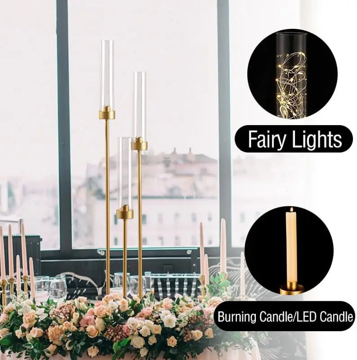 10PCS 3-Arm Gold Metal Candelabra – 34" Tall Wedding Centerpiece Taper Candle Holders for Elegant Event & Home Décor