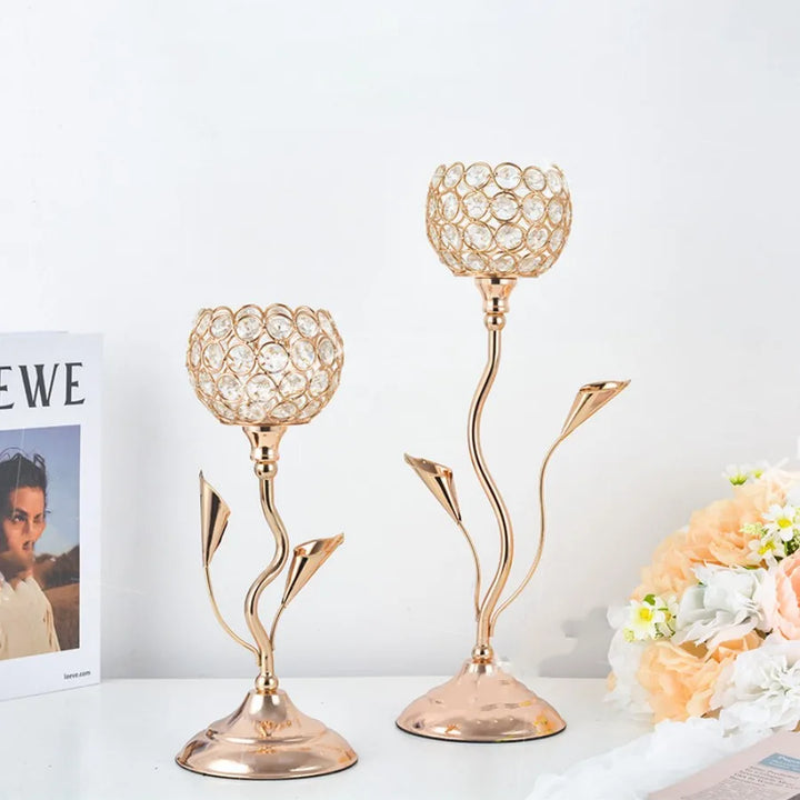 Gold Crystal Flower Candle Holder Set – Vintage Iron Candlestick for Table Centerpiece & Wedding Décor