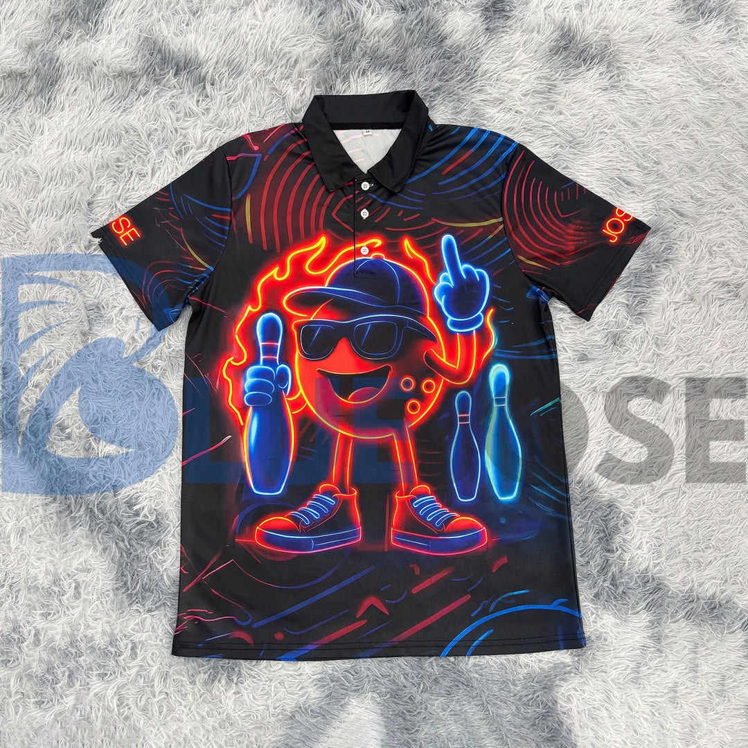 BlueJose Bowling Ball & Pins Neon Funny Customized Name, Team Name 3D Shirt (4 Colors)