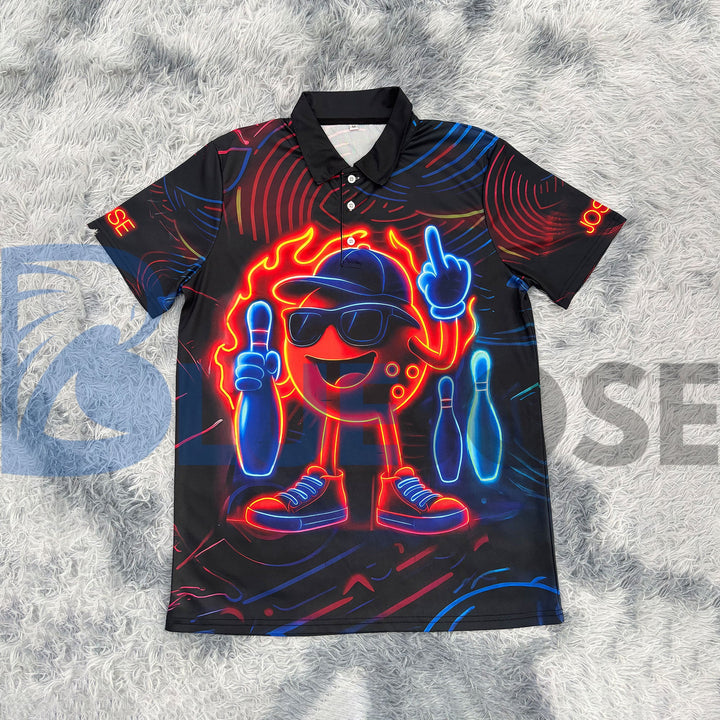 BlueJose Bowling Ball & Pins Neon Funny Customized Name, Team Name 3D Shirt (4 Colors)